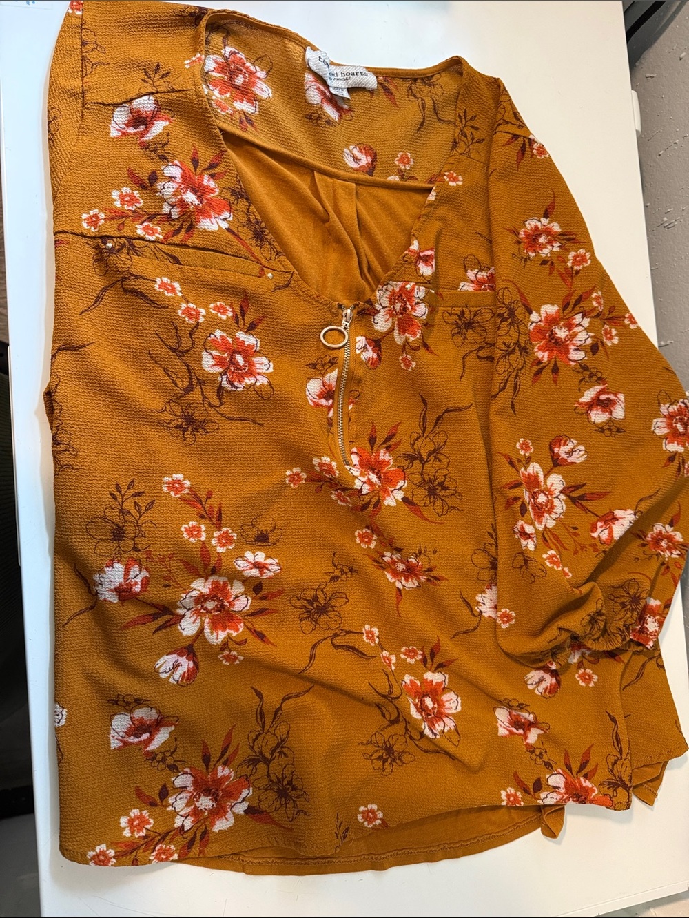 Tempted Hearts Mustard Floral Zip-Front Blouse